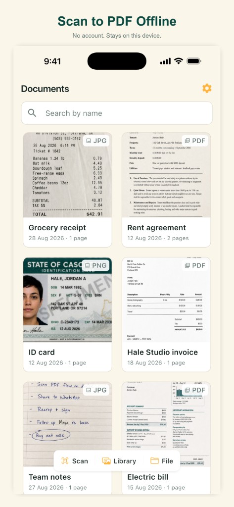 Document Scanner & Photo PDF screenshot — Documents library — search and manage scans
