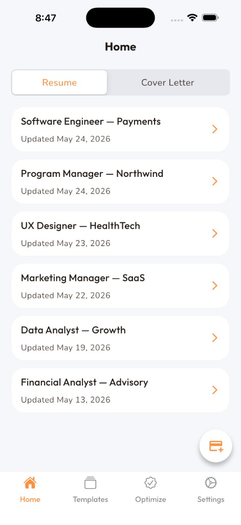 Resume Builder - ATS CV Maker screenshot — Home — manage your resumes
