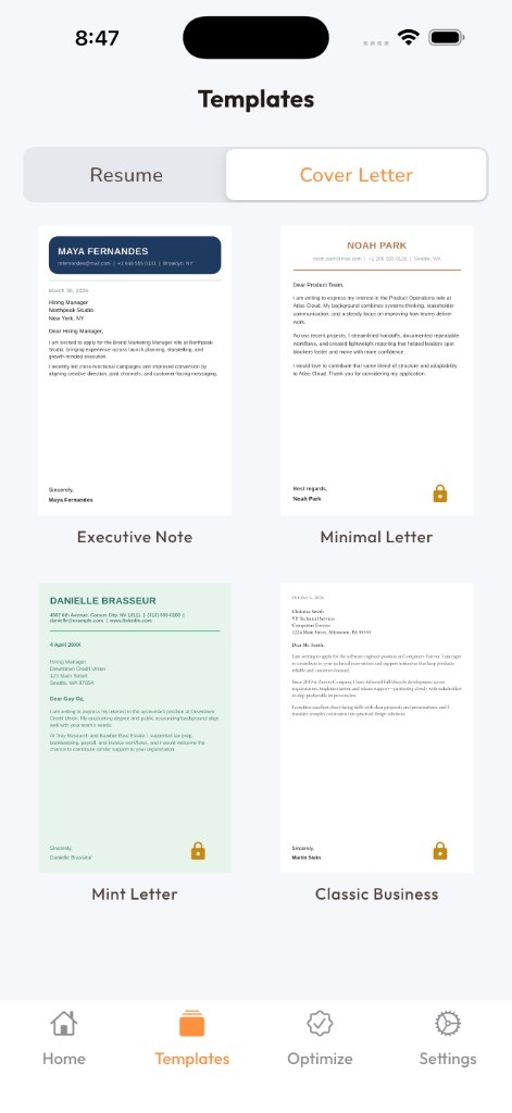 Resume Builder - ATS CV Maker screenshot — Cover letter templates