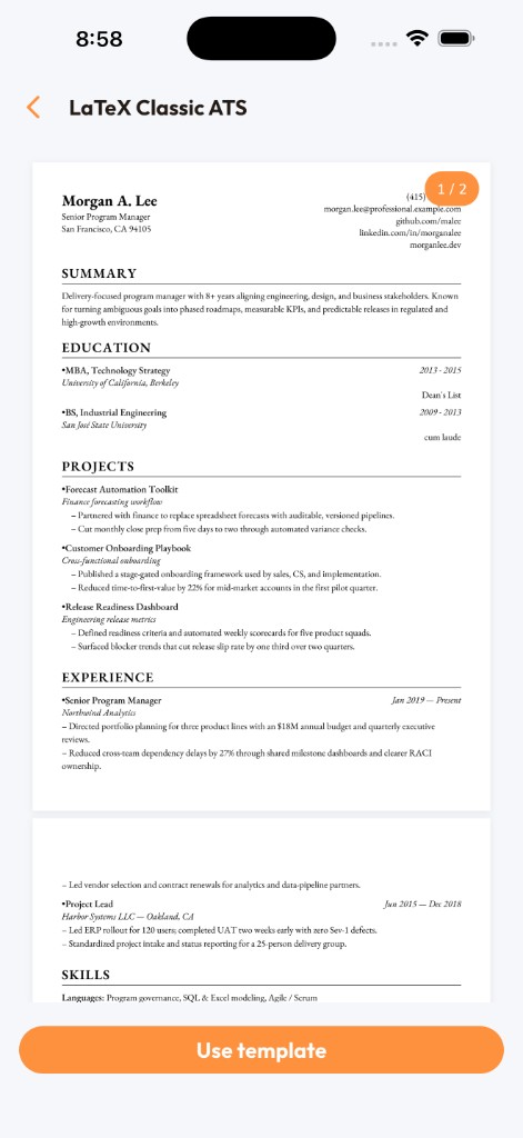 Resume Builder - ATS CV Maker screenshot — LaTeX Classic ATS