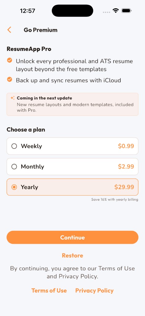 Resume Builder - ATS CV Maker screenshot — Pro plans — from $0.99/week